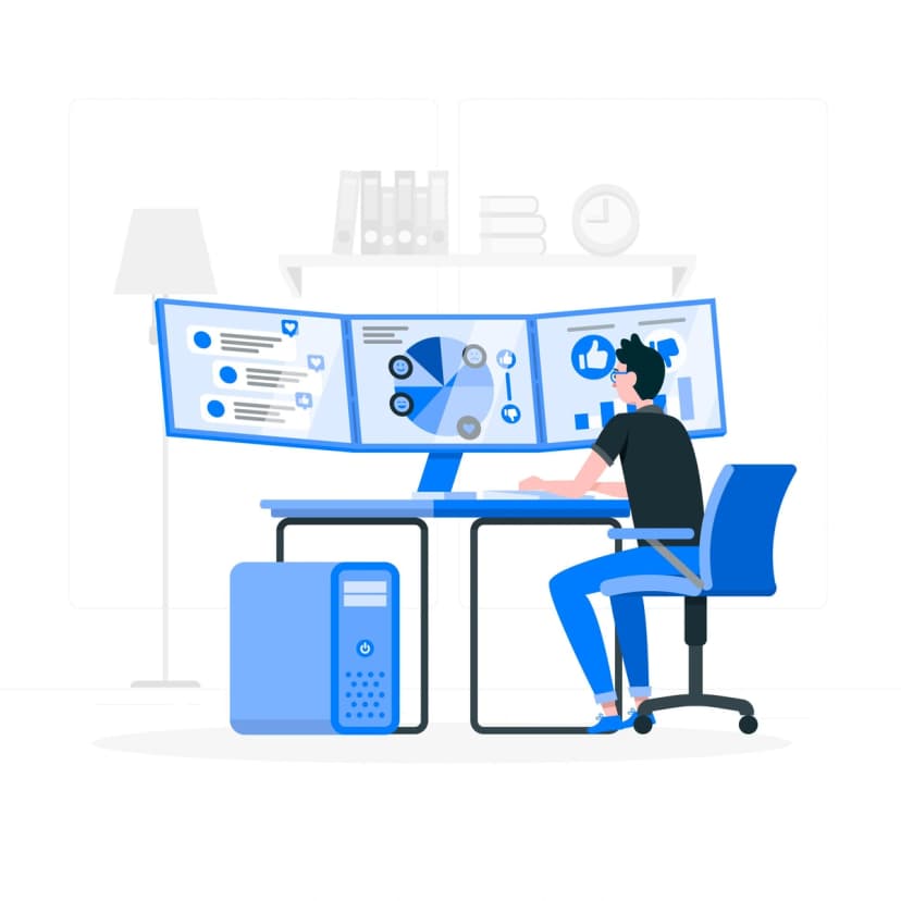 An illustration of a person at a modern workspace, focused on a curved computer monitor displaying data and graphs, suggesting an environment of productivity and technology.