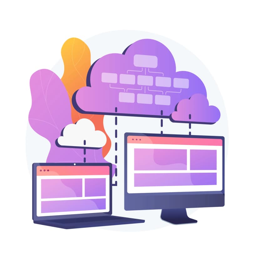 Illustration of cloud computing concept with stylized cloud connected to a laptop and desktop monitor.