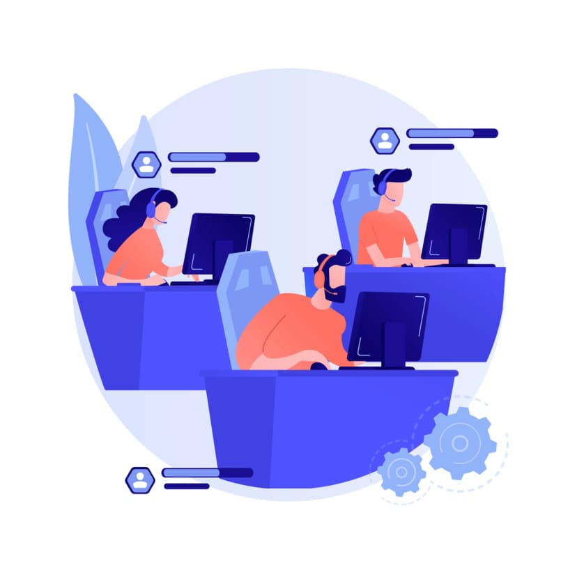 Illustration of a customer support team at their desks, wearing headsets and working on computers, symbolizing a help desk or IT support center.