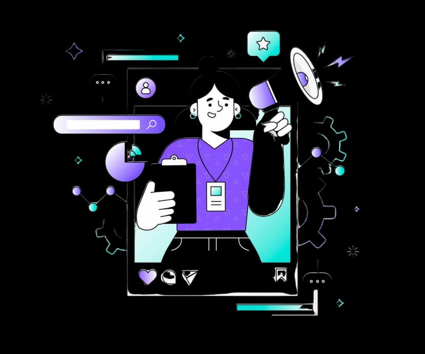 Illustration of a marketing professional holding a clipboard and a megaphone, surrounded by icons representing search, data charts, chat bubbles, and social engagement, symbolizing AI-driven marketing automation and customer engagement.