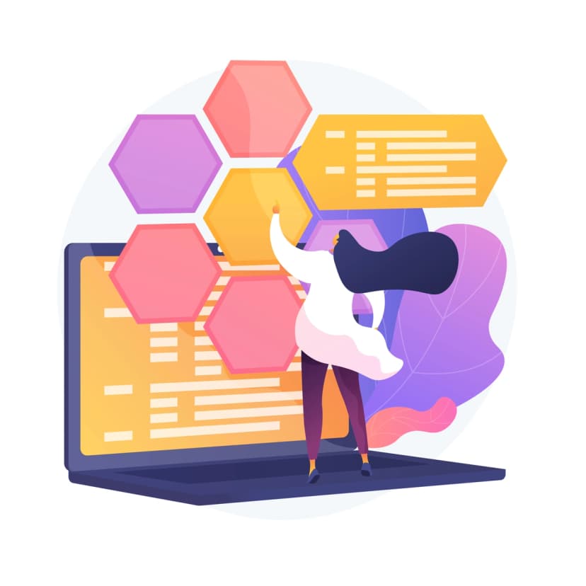 An illustration of a person interacting with a laptop screen displaying a honeycomb structure, representing data blocks or steps in a process, symbolizing project management, data organization, or workflow optimization.