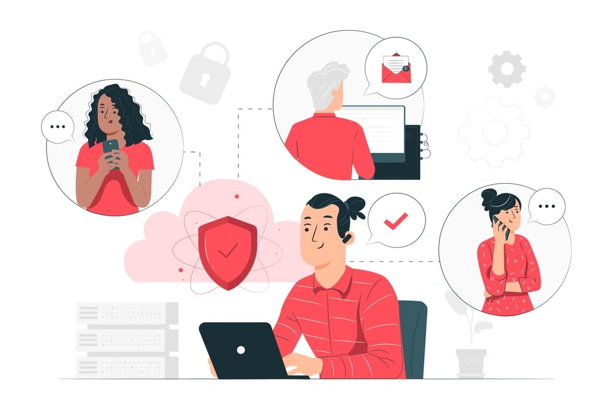 Illustration of a secure communication concept showcasing a diverse group of individuals interacting through devices and platforms, emphasizing data protection and teamwork with a shield symbol and cloud elements in the background.