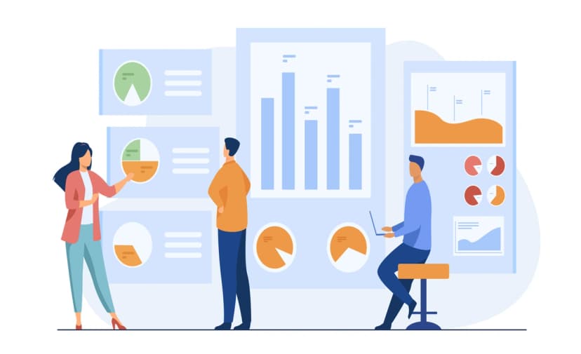 Illustration of three people analyzing data visualizations. One person is presenting data with pie charts and graphs on a large display, while another person observes. A third person is sitting and working on a laptop, with additional charts and grap