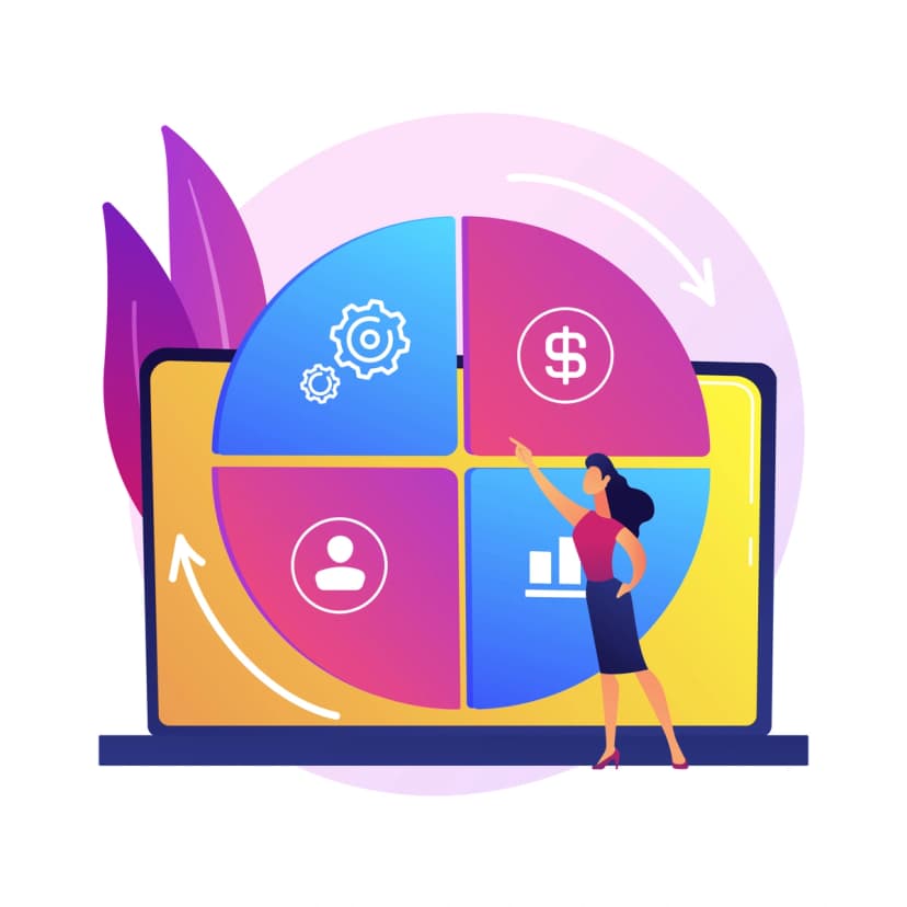 An illustration of a woman interacting with a colorful pie chart on a laptop screen, representing business analytics and strategic planning.