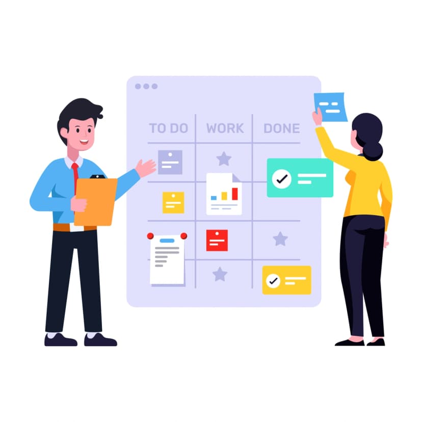 An illustration of a man and a woman using a Kanban board with sections labeled "To Do," "Work," and "Done," representing task organization and workflow management in a team setting.