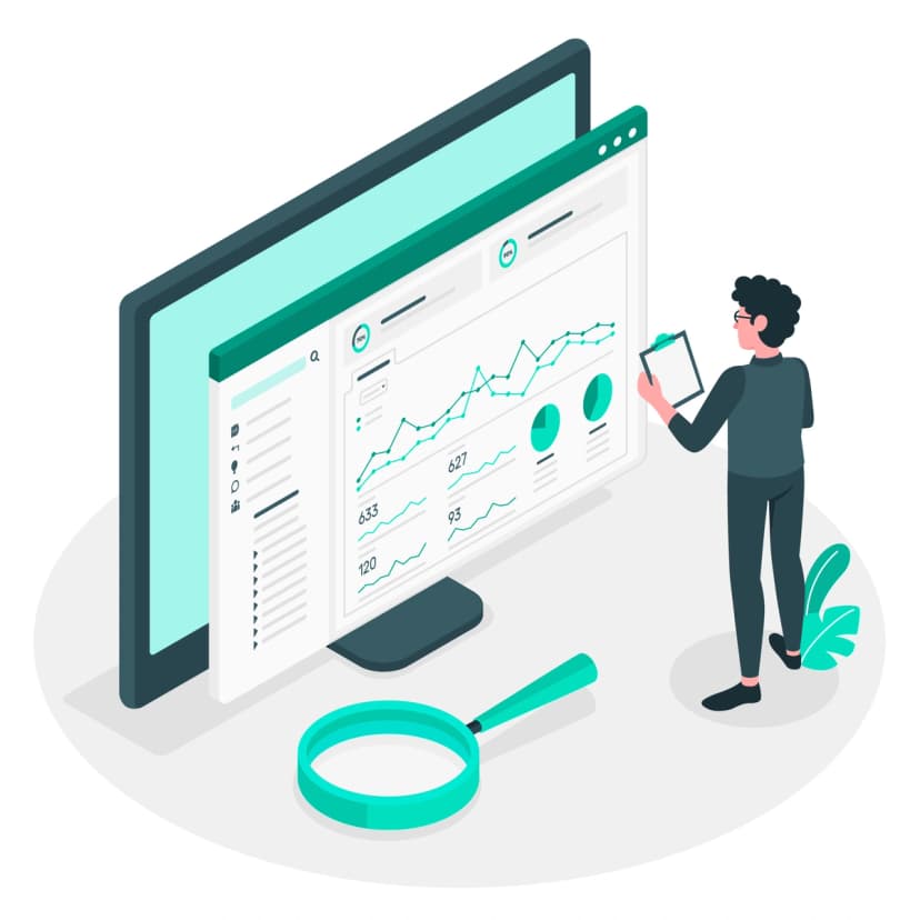 Illustration of a person analyzing data charts and graphs on a large monitor with a clipboard, representing data analysis and performance tracking.