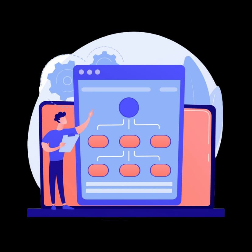 Illustration of a software development flowchart with a developer explaining the structure on a screen.