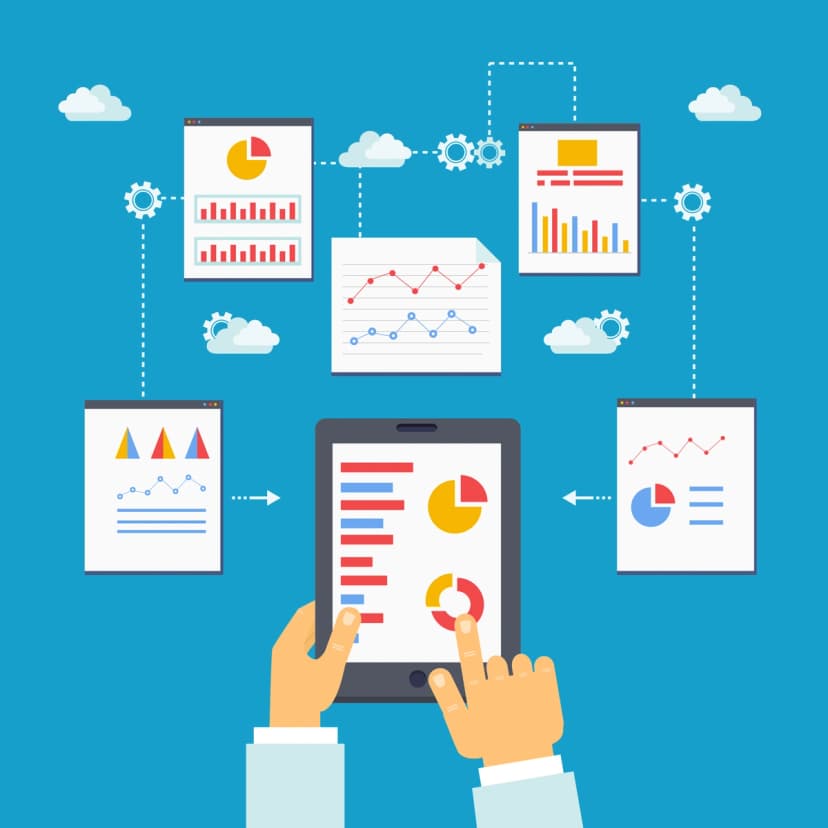 A graphic illustration displaying a central tablet with charts being operated by two hands, surrounded by various types of connected graphs and charts against a blue background with decorative clouds, symbolizing data analytics and cloud computing.