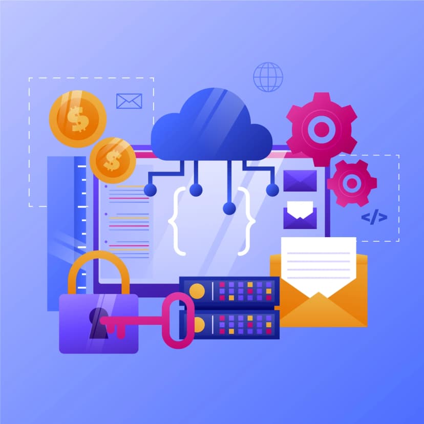 A conceptual illustration of cloud computing with various icons such as gears, a cloud, a padlock, and envelopes, representing secure data exchange and digital workflow on a blue background.