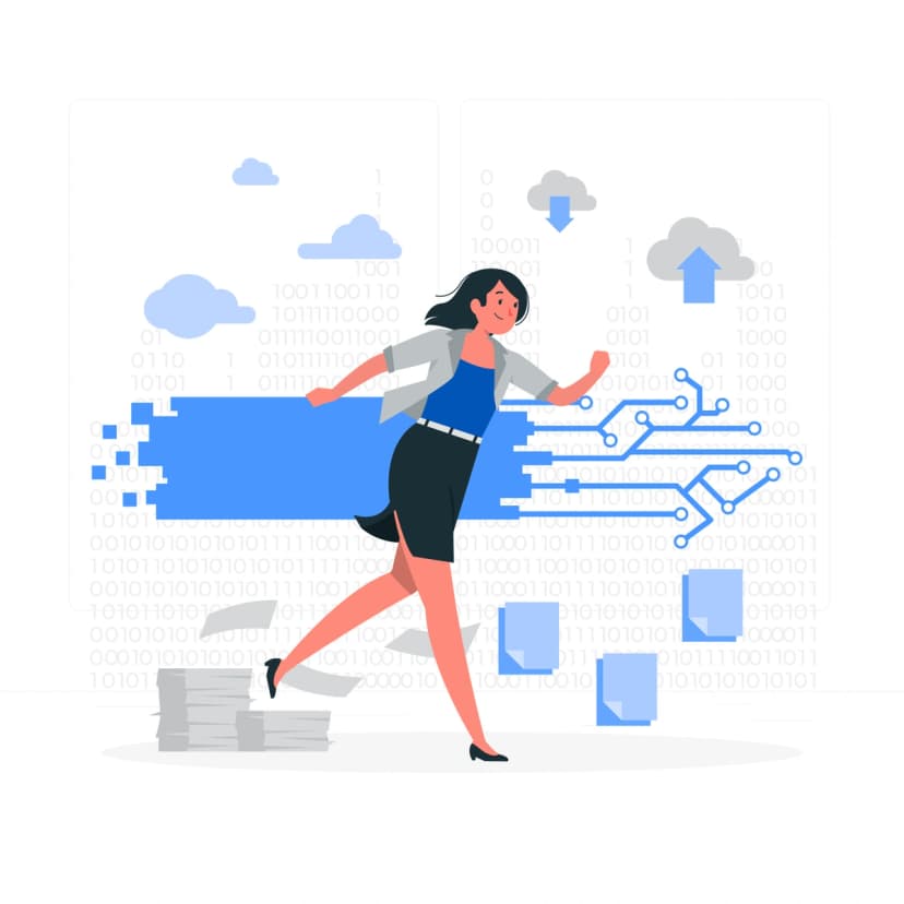 Illustration of a woman running with digital data and clouds in the background, symbolizing cloud data migration.