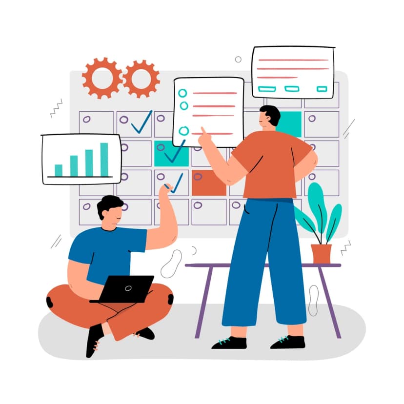 An illustration of two people collaborating on a project with a board in the background that reads "UI/UX Best Practices 2023," suggesting a focus on current user interface and user experience design strategies.