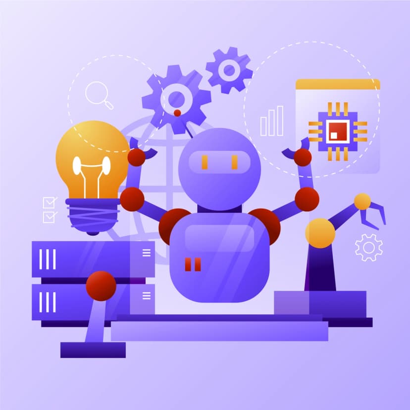 An illustration depicting a robot with icons representing technology and innovation, embodying the concept of AI in the digital age.