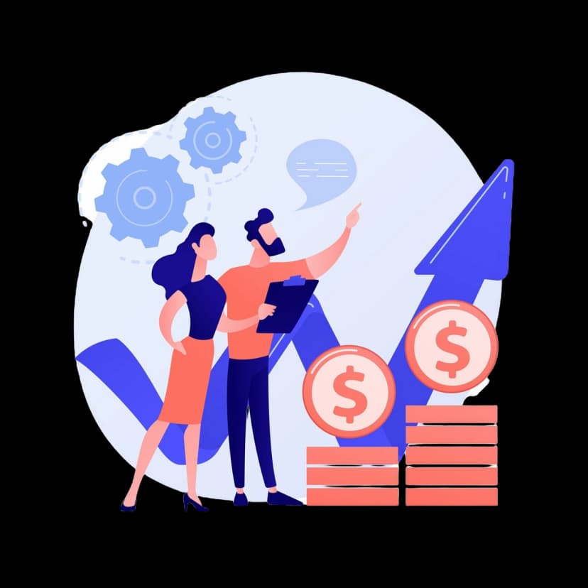 Illustration of two professionals discussing financial growth with gears, upward arrows, and dollar symbols, representing increased productivity and savings.