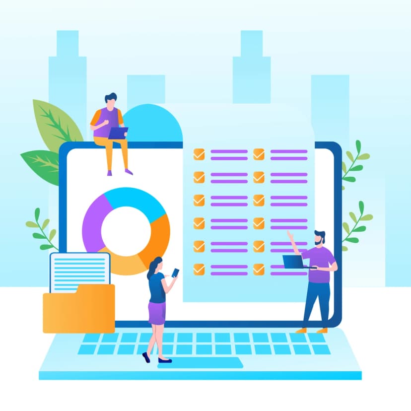 An illustration of three people collaborating on a large digital task board with checklists and a circular diagram, set against a cityscape background, representing team project management and organization.