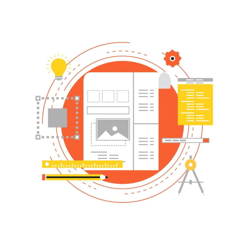 An abstract illustration of design and planning elements, featuring a central clipboard with mockups and layouts, surrounded by a pencil, ruler, compass, gears, and a light bulb, symbolizing the creative process in graphic design or project planning.