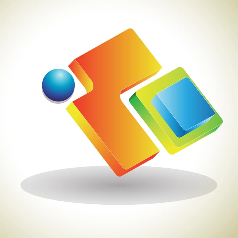 An abstract graphic with a central orange figure intersecting a green square and a blue circle, alluding to dynamic interaction and connectivity.