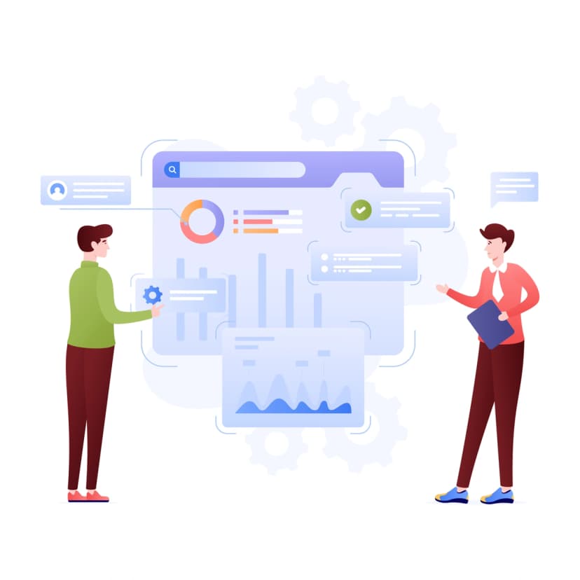 A vector illustration of two people discussing data on a large interface screen with charts and analytics, representing collaboration in data management.