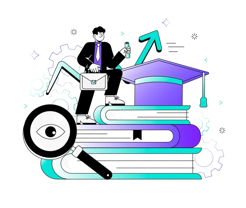 Illustration of a professional on books with a magnifying glass and gears, symbolizing software knowledge.