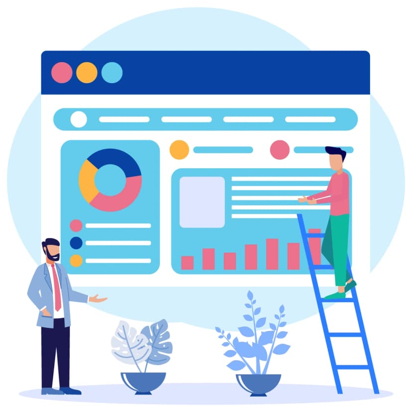 An illustration depicting two people interacting with a large, colorful data dashboard interface, including charts and analytics.