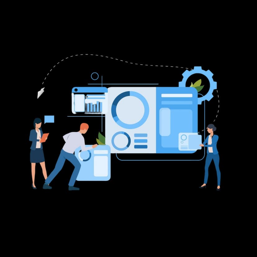 A digital illustration of three people interacting with a large data dashboard, symbolizing teamwork, data management, and process optimization.