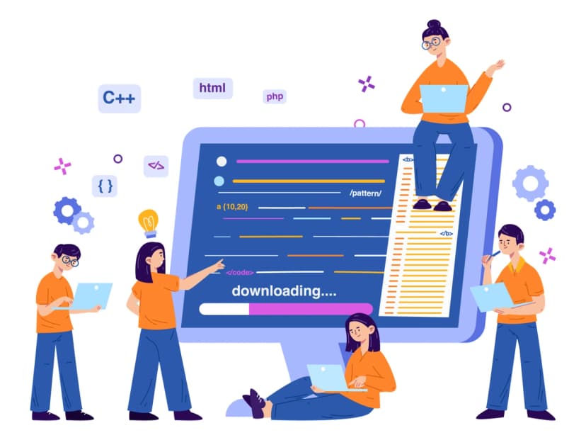 Illustration of diverse developers collaborating around a display with code, laptops, and a digital whiteboard showing flowcharts.