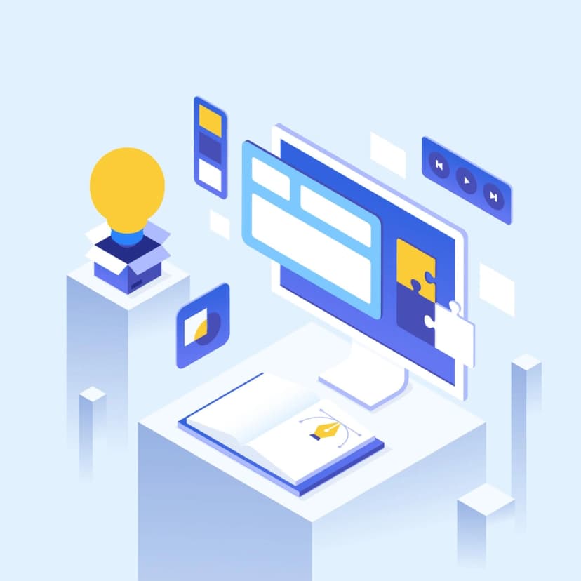 A stylized isometric illustration of a person interacting with a computer interface that shows a flowchart or data structure, symbolizing project planning or algorithm design.